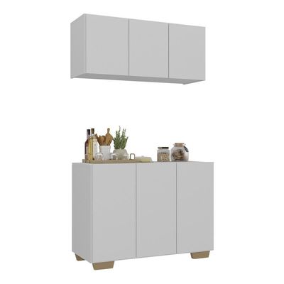Kit Armário De Cozinha Aéreo E Balcão 3 Portas Multimóveis Mp2169 Branco/natural Branco/natural