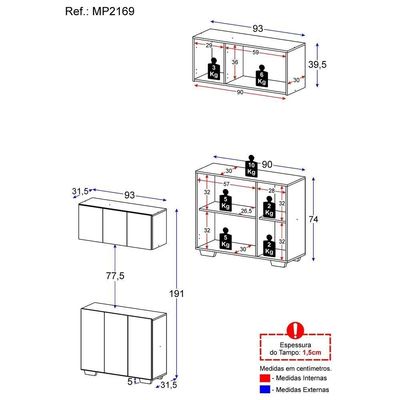 Kit Armário De Cozinha Aéreo E Balcão 3 Portas Multimóveis Mp2169 Branco/preto Branco/preto
