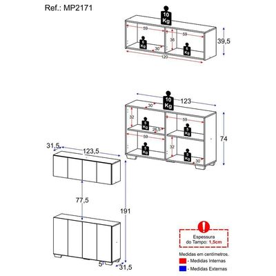 Kit Armário De Cozinha Aéreo E Balcão 4 Portas Multimóveis Mp2171 Branco/preto Branco/preto