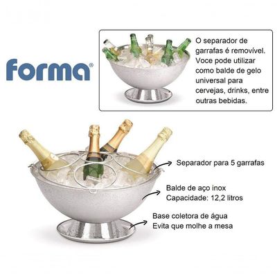 Champanheira Grande Inox 12,2 Litros Com Pedestal Coletor De água Separador Removível Para 5 Garrafa