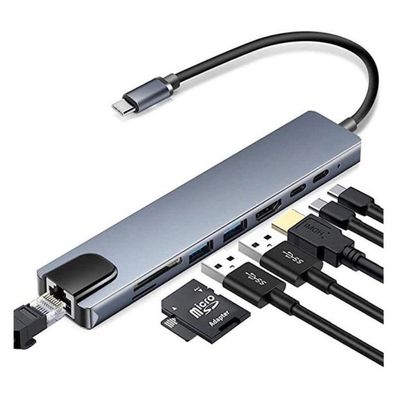 Adaptador Hub Type C 8x1 Hdmi 4k, Lan, Usb 3.0, Leitor Sd Para Macbook