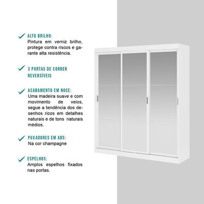 Guarda Roupa Casal 3 Portas 4 Gav Espelho Branco Carraro 1144