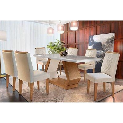 Kit Mesa Sala JantarC- Tampo Canto Reto 180cm + 6 Cadeiras Imbuia Creme