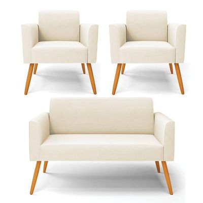 Sofá Namoradeira Com 2 Poltronas Pés Palito Castanho Marisa Veludo D03 - D\'rossi Cor Bege