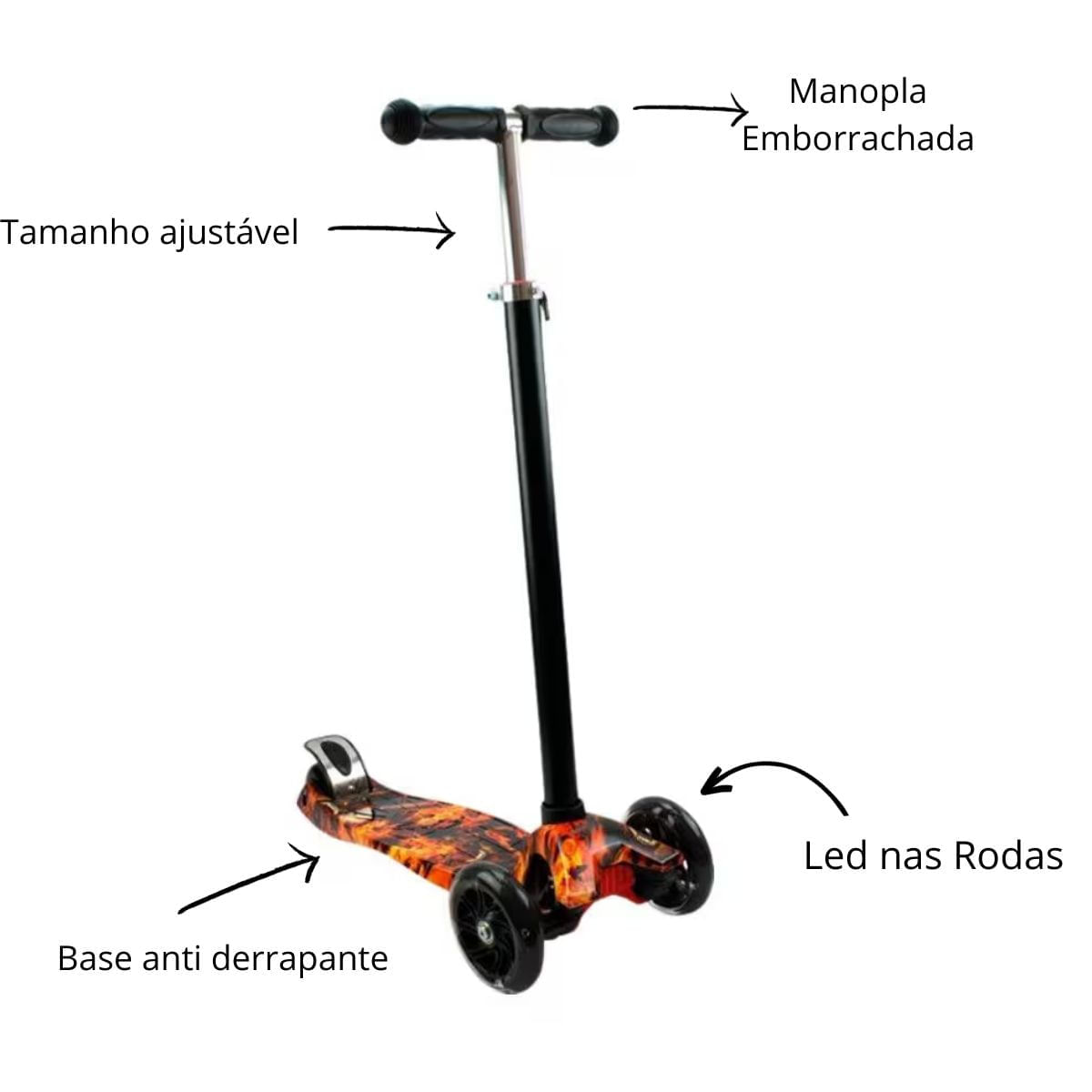 Patinete 3 Rodas Com Luzes Estampa De Fogo Bbr B1238
