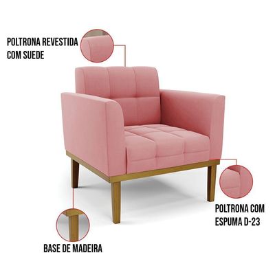 Poltrona Base De Madeira Fixa Castanho Elisa Suede D03 - D\'rossi Cor Rose
