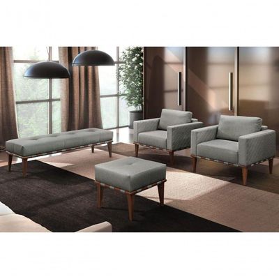Conjunto - 2 Puffs Banqueta Noé Luxo Castellar Móbile Linho Cinza
