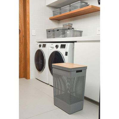 Cesto De Roupa Grid Preto 49 L Com Tampa De Bambu 38 X 28 X 55,6 Cm