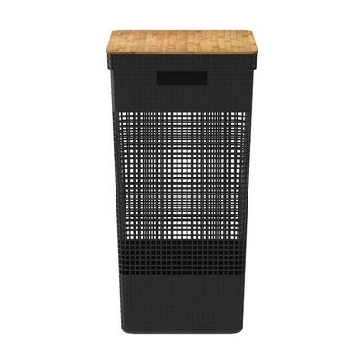 Cesto De Roupa Grid Preto 49 L Com Tampa De Bambu 38 X 28 X 55,6 Cm
