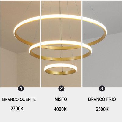 Lustre Pendente Led 3 Em 1 Luminaria Aneis Perfil Infinito Arco Ajustavel Regulavel Ambiente