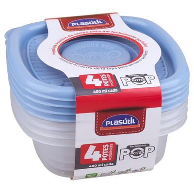 Conjunto 4 Potes Quadrado 400ml Pop Plasútil Azul