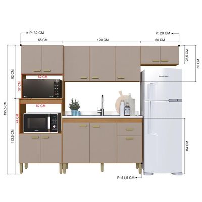 Cozinha Modulada Compacta Fidelitá Mariana 4 Peças 245cm 12 Portas 1 Gaveta Sem Tampo Freijó/camurça
