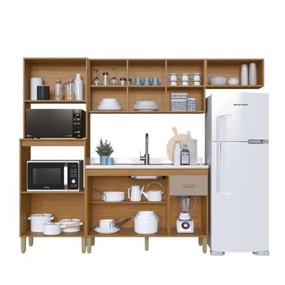Cozinha Modulada Compacta Fidelitá Mariana 4 Peças 245cm 12 Portas 1 Gaveta Sem Tampo Freijó/camurça