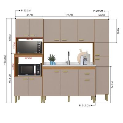 Cozinha Modulada Compacta Fidelitá Mariana 4 Peças 220cm 12 Portas 1 Gaveta Sem Tampo Freijó/camurça