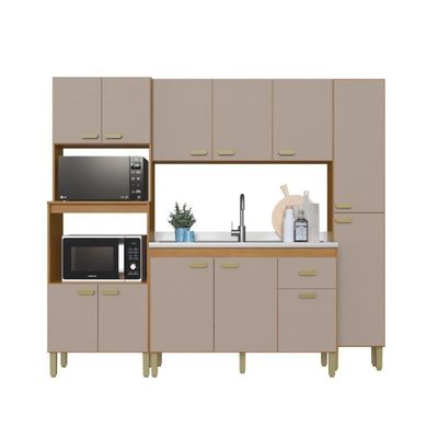Cozinha Modulada Compacta Fidelitá Mariana 4 Peças 220cm 12 Portas 1 Gaveta Sem Tampo Freijó/camurça