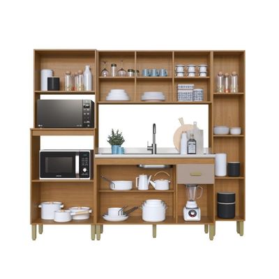 Cozinha Modulada Compacta Fidelitá Mariana 4 Peças 220cm 12 Portas 1 Gaveta Sem Tampo Freijó/camurça