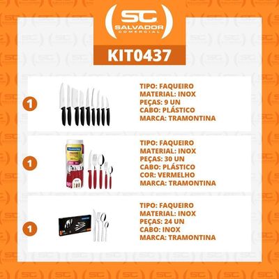Kit - 1 Faqueiro Vermelho 30 Peças + 1 Conjunto Facas 9pç + 1 Faqueiro Inox 24pç - Tramontina