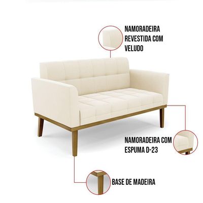 Sofá Namoradeira E 2 Poltronas Base Madeira Castanho Elisa Veludo D03 - D\'rossi Cor Bege