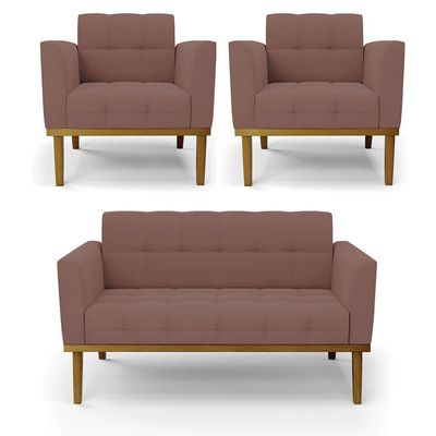 Sofá Namoradeira E 2 Poltronas Base Madeira Castanho Elisa Veludo D03 - D\'rossi Cor Rose