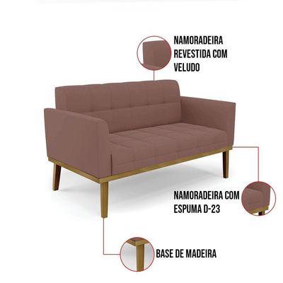 Sofá Namoradeira E 2 Poltronas Base Madeira Castanho Elisa Veludo D03 - D\'rossi Cor Rose