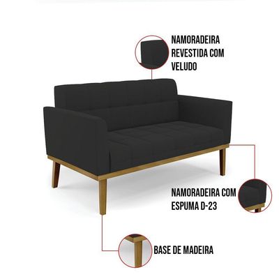 Sofá Namoradeira E 2 Poltronas Base Madeira Castanho Elisa Veludo Preto D03 - D\'rossi