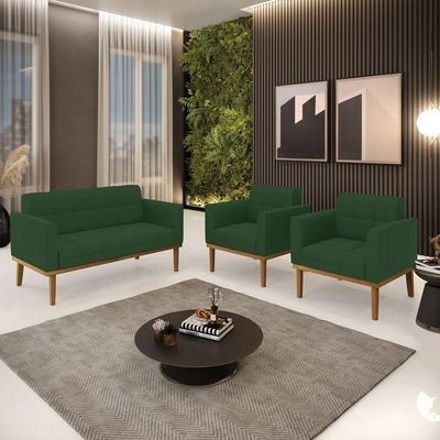 Sofá Namoradeira E 2 Poltronas Base Madeira Castanho Elisa Veludo Verde D03 - D\'rossi
