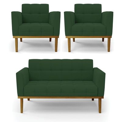 Sofá Namoradeira E 2 Poltronas Base Madeira Castanho Elisa Veludo Verde D03 - D\'rossi