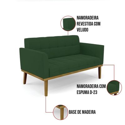Sofá Namoradeira E 2 Poltronas Base Madeira Castanho Elisa Veludo Verde D03 - D\'rossi