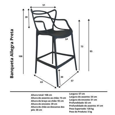Banqueta Allegra Preta - Kit Com 3