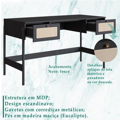 Escrivaninha 2 Gavetas Palhinha 27931 Linha Oslo Nero Artesano Nero