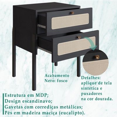 Mesa De Cabeceira 2 Gavetas Palhinha 27933 Linha Oslo Nero Artesano Nero