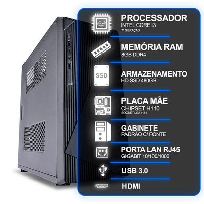 Computador Desktop, Intel Core I3 7º Geração, 8gb Ram, Hd Ssd 480gb, Conexões Usb/vga/hdmi/lan/som