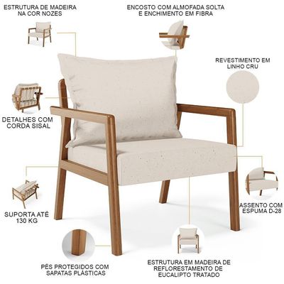 Kit 02 Poltronas Decorativa Para Sala De Estar Alícia B04 Linho Cru - Lyam Decor