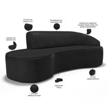 Sofá 3 Lugares Curvo Sala De Estar Living Firenze Direito D02 Couríssimo Preto 210 Cm B-159 - Lyam