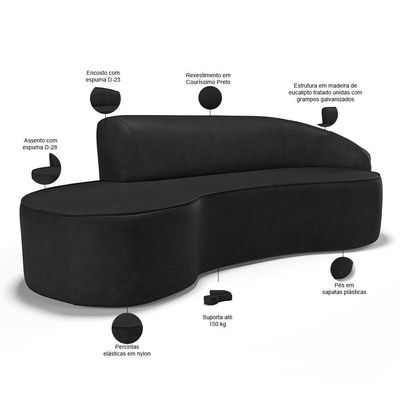 Sofá 3 Lugares Curvo Sala De Estar Living Firenze Direito D02 Couríssimo Preto 210 Cm B-159 - Lyam
