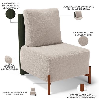Poltrona Decorativa Sala Estar Living Pés Madeira Hungria L02 Couríssimo Verde Bouclê Creme - Lyam