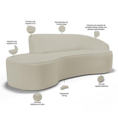 Sofá 3 Lugares Curvo Sala De Estar Living Firenze Direito D02 Corano Bege 230 Cm C-26 - Lyam