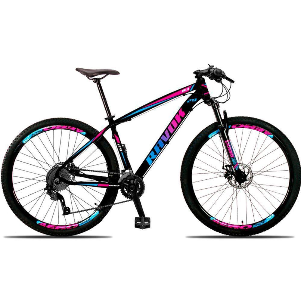 "Bicicleta Aro 29 Freio A Disco 24 Velocidades Alavanca Suspensão Cor: Azul E Rosa Tam: 17"""