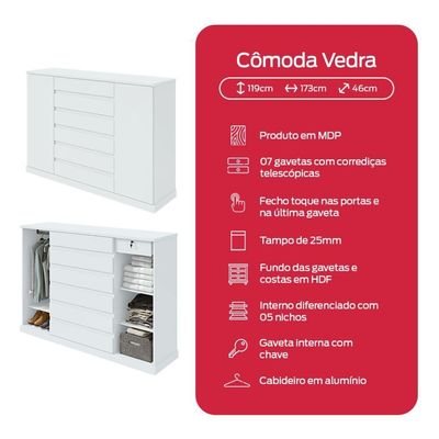 Cômoda Vedra 7 Gavetas 2 Portas Branco