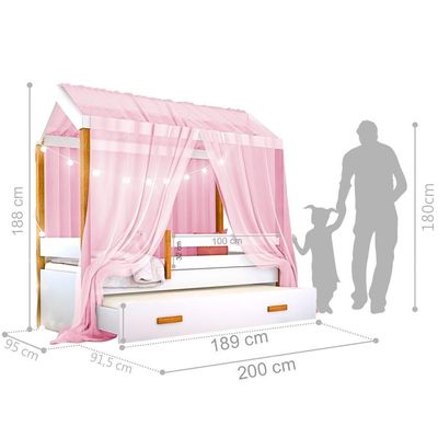 Cama Casinha Montessoriana Solteiro Com Auxiliar E Voal Rosa