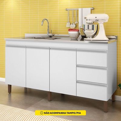 Balcão Gabinete Para Pia Karen 159cm Sem Tampo 3 Portas Branco - Abmaza