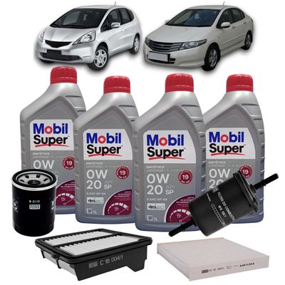 Kit Revisão 4 Litros de Óleo Mobil 0W20 API SP ILSAC GF-6 Sintético + Kit de Filtros Mann Filter Honda City | Fit 1.4/1.5 16V Flex 2009 até 2014
