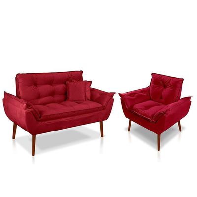 Kit 01 Poltrona Opala + 01 Namoradeira Opala + 02 Almofadas Suede Vermelho