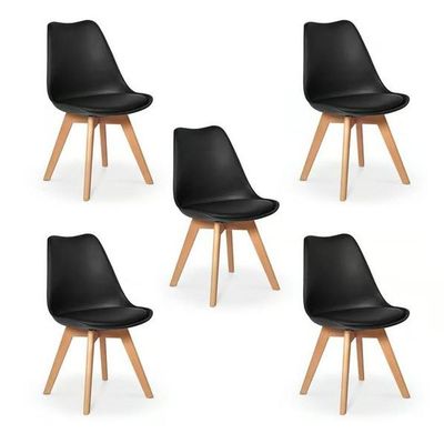 Kit C-5 Cadeiras Leda ? Charles Eames Saarinen Wood Com Almofada Preta