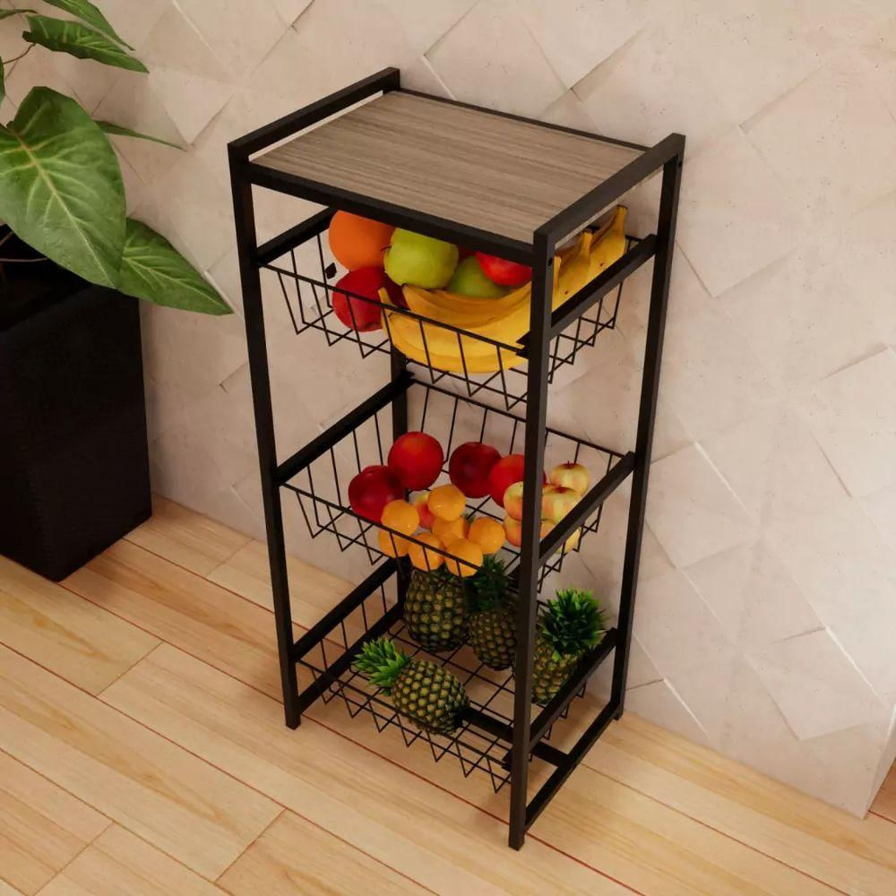 Fruteira 3 Cestos Cozinha Preta Em Aço Base Mdf Amadeirado