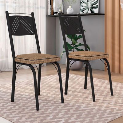 Kit 6 Cadeiras De Cozinha Virginia Estampado Rattan Bege Pés De Ferro Preto - Pallazio