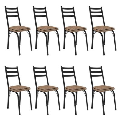 Kit 8 Cadeiras De Cozinha Luisiana Estampado Rattan Bege Pés De Ferro Preto - Pallazio