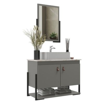 Gabinete Banheiro 60cm 2 Portas Com Cuba E Espelheira Multimóveis Cr10106 Cimento/calacata