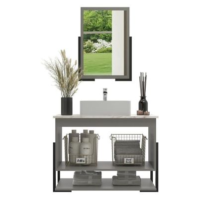 Gabinete Banheiro 60cm 2 Portas Com Cuba E Espelheira Multimóveis Cr10106 Cimento/calacata