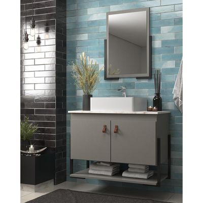 Gabinete Banheiro 60cm 2 Portas Com Cuba E Espelheira Multimóveis Cr10106 Cimento/calacata